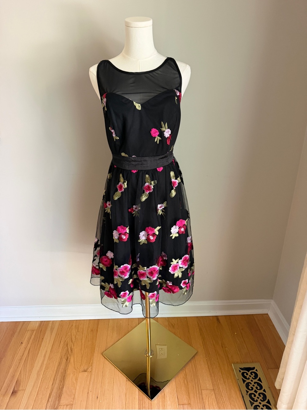 Black Floral Embroidered Mesh Fit & Flare Dress